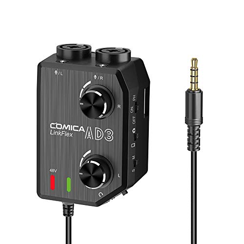 comica Mikrofon Preamp, LINKFLEX.AD3 2 Kanal XLR / 3,5 mm Mikrofon Vorverstärker mit 48V Phantomspeisung, Echtzeit-Monitor, Gitarren-Vorverstärker für DSLR-Kameras, Camcorder, iPhone und Smartphone von comica