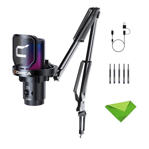 comica Uni (A)-schwarzes USB-Mikrofon für Computer und Smartphone,48Khz/24Bit RGB Kardioid-Kondensator-Gaming-Mikrofon für Podcasting,Streaming,Aufnahme,Musikproduktion,mit Boom Arm Stand von COMICA