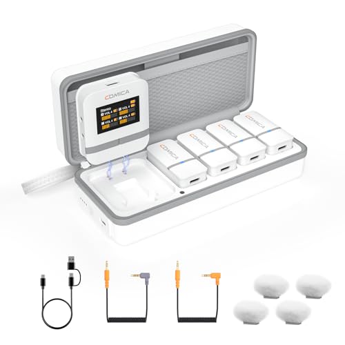 COMICA Vimo Q Lavalier Wireless Mikrofon mit 4 Sendern und 1 Receiver, 48kHz/24bit Audioqualität, Geräuschunterdrückung, 200M Reichweite, Ansteckmikrofon für DSLR-Kamera, Handy, iPhone, PC(White) von COMICA