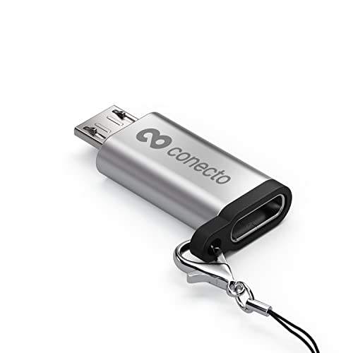 conecto, Micro USB auf USB-C Adapter, OTG Unterstützung, kompatibel mit Apple Geräten, Perfekt für e-Bikes, inkl. Schlaufe/Karabiner, Aluminium Gehäuse, Silber, 2er-Set von conecto