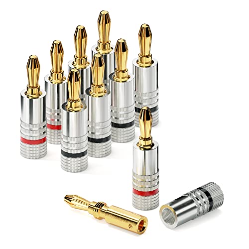 conecto Bananenstecker Professionell, für alle Lautsprecherkabel mit einem Durchmesser von max. 6mm², 8 Stück mit umlaufenden Farbring, rot/schwarz, 24k vergoldete Stecker, silber von conecto