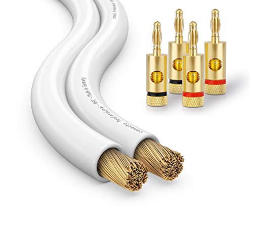 conecto CC50522 OFC Professional Audio Lautsprecherkabel, Querschnitt 2x1,50mm² (99,9% OFC Vollkupfer 48x0,20mm Litze), 15,0m, weiß, Set. inkl. 4 Bananenstecker von conecto