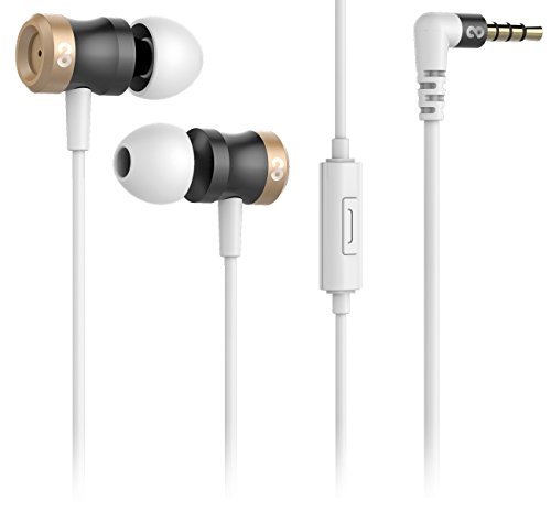 conecto In-Ear Kopfhörer/Earphones/Headset mit 3 Ohrpassstücken inkl. Mikrofon - 9.2mm Lautsprecher, dreifacher Kabel-Knickschutz, 1.2m Kabel (Aramid-verstärkt), Aluminium, 17.5g, Gold/grau/weiß von conecto