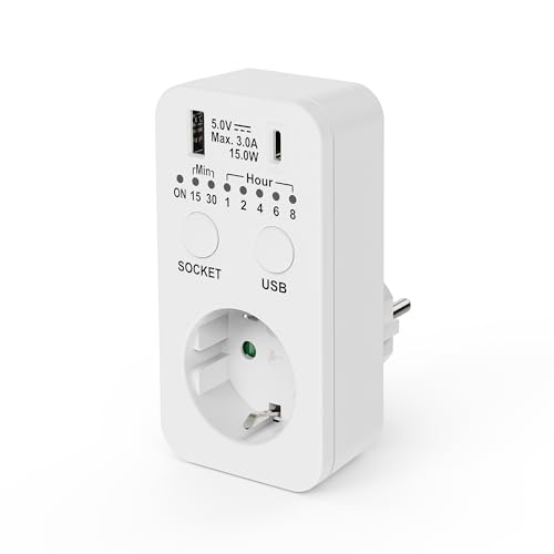 conecto Steckdose Timer, Schaltsteckdose Countdown, 230V Schaltuhr, USB und USB-C Timersteckdose, programmierbare Zeitschaltsteckdose, 2300 Watt, weiß von conecto