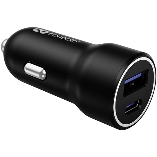 conecto USB-C Ladegerät, 12 V KFZ Ladegerät, 2 Port, 1x USB-C 20 Watt Max. PD, 1x USB A 18 Watt Max., Schnellladegerät, Handy-Ladegerät, automatische Ladestromerkennung, schwarz von conecto