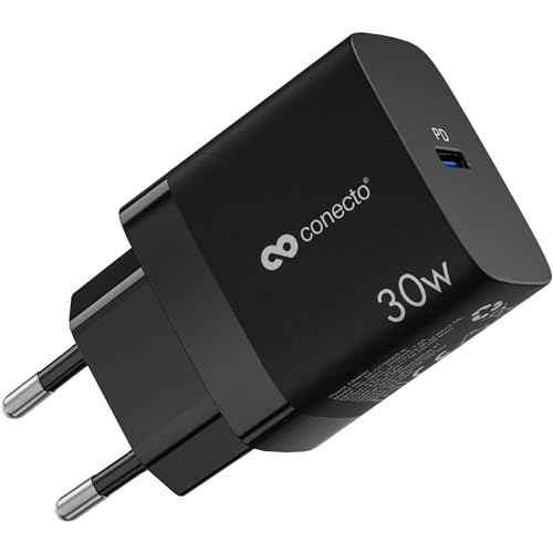 conecto USB-C Ladegerät, USB-Netzteil, 1x 30 Watt PD USB-C Port, GaN Schnellladegerät, Handy-Ladegerät, automatische Ladestromerkennung, schwarz von conecto