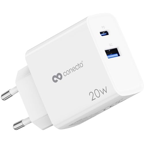 conecto USB-C Ladegerät, USB-Netzteil, 2 Port, 1x USB-C 20 Watt Max. PD, 1x USB A 18 Watt Max., Schnellladegerät, Handy-Ladegerät, automatische Ladestromerkennung, weiß von conecto