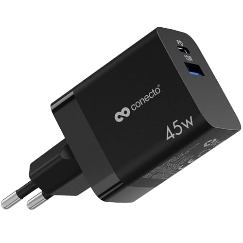 conecto USB-C Ladegerät, USB-Netzteil, 2 Port, 1x USB-C 45 Watt Max. PD, 1x USB A 12 Watt Max., GaN Schnellladegerät, Handy-Ladegerät, automatische Ladestromerkennung, schwarz von conecto