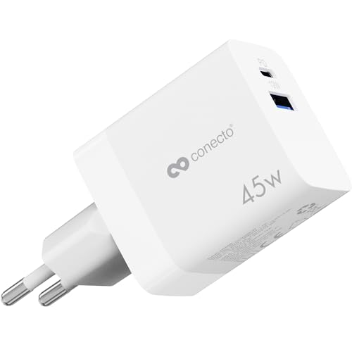 conecto USB-C Ladegerät, USB-Netzteil, 2 Port, 1x USB-C 45 Watt Max. PD, 1x USB A 12 Watt Max., GaN Schnellladegerät, Handy-Ladegerät, automatische Ladestromerkennung, weiß von conecto