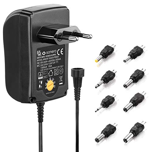 conecto Universal Stecker Netzteil (3V - 12V Drehschalter, energiesparend + umweltfreundlich für eine stabilisierte Stromversorgung von Elektrokleingeräten) mit 8 Adaptern, max. 1500mA, schwarz von conecto