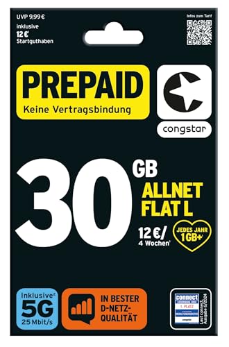 congstar Prepaid ALLNET L SIM-Karte ohne Vertrag I 30 GB Vielsurfer Prepaid-Paket in D-Netz-Qualität I 5G mit 25 Mbit/s + 12€ Startguthaben I Telefonie & SMS Flat in alle dt. Netze I EU-Roaming inkl. von congstar