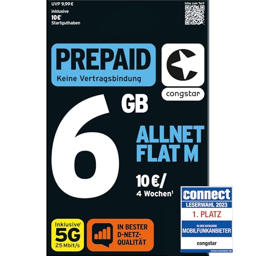 congstar Prepaid ALLNET M SIM-Karte ohne Vertrag I Allrounder Prepaid-Paket in D-Netz-Qualität I 4 GB LTE mit 25 Mbit/s + 10€ Startguthaben I Telefonie & SMS Flat in alle dt. Netze I EU-Roaming inkl. von congstar