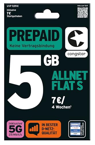 congstar Prepaid ALLNET S SIM-Karte ohne Vertrag I 3GB Prepaid-Paket in D-Netz Qualität für Einsteiger I 5G mit 25 Mbit/s I Telefonie & SMS Flat in alle dt. Netze I EU-Roaming inkl. von congstar