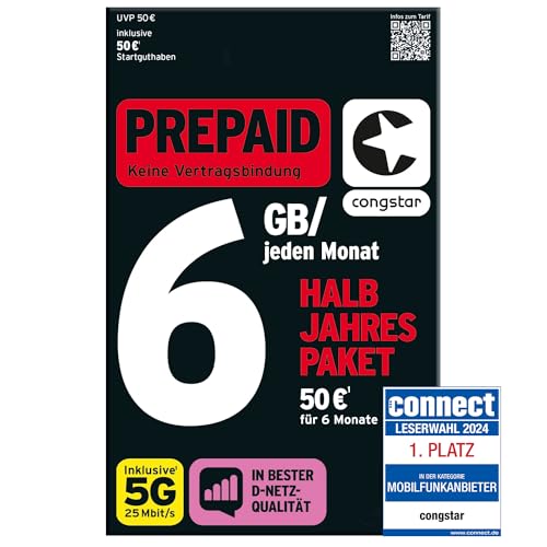 congstar Prepaid HALBJAHRESPAKET SIM-Karte ohne Vertrag I Prepaid-Paket für 6 Monate in D-Netz-Qualität I 4[FÖ1] GB LTE mit 25 Mbit/s + 50€ Startguthaben I Telefonie & SMS Flat I EU-Roaming inkl. von congstar