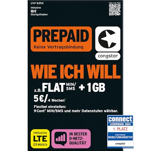 congstar Prepaid WIE ICH Will SIM-Karte ohne Vertrag I Prepaid-Guthaben Wunschmix in D-Netz-Qualität I frei wählen 0-5 MB & 9 Cent pro Min/SMS – Flat I alle 4 Wochen neu Mixen I 10 EUR Startguthaben von congstar