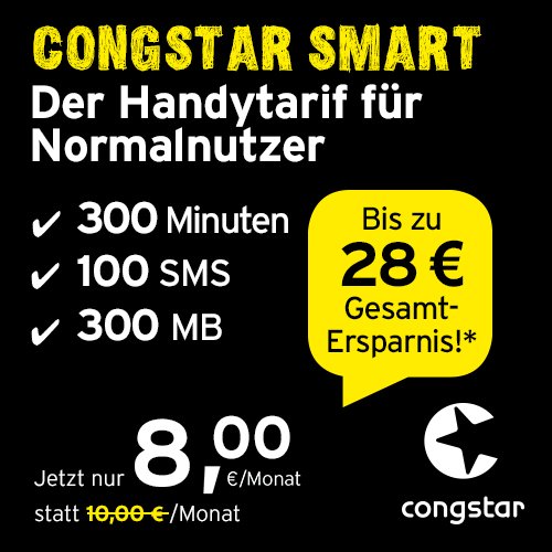 congstar Smart Tarif [SIM, Micro-SIM und Nano-SIM] monatlich kündbar (8,00 Euro/Monat, 300 MB Datenflat mit max. 7 Mbit/s, monatlich 300 Minuten und 100 SMS) in bester D-Netz-Qualität von congstar