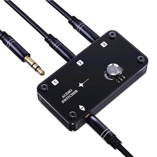 COOIDEA 3,5-mm-Jack-Audio-Switch 3(1)-In-1(3)-Out mit 3,5-mm-Audiokabel, Stereo-Audio-Umschalter, Audio Selector Schalter Sound Verteiler für Phono-Lautsprecher, Kopfhörer und PCs- Mini-Größe von cooidea