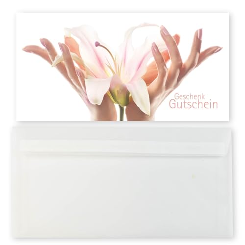 50 Gutscheinkarten BEAUTIFUL HANDS für Nagelstudio und Kosmetikstudio mit transparenten Umschlägen von cosmeticPlus