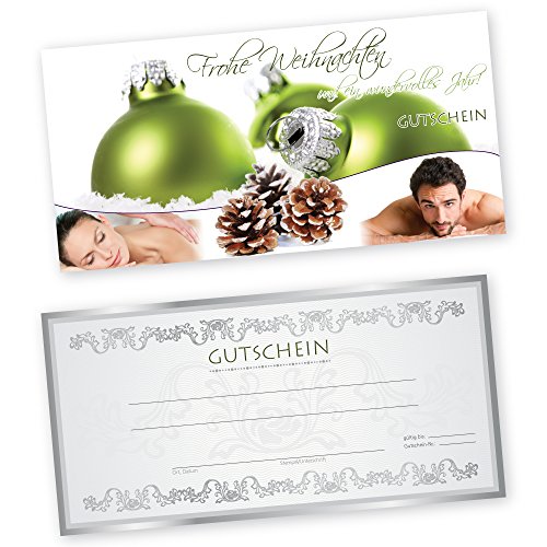 50 Weihnachtsgutscheine Gutscheinkarten XMAS GREEN MASSAGE mit weißtransparenten Umschlägen Gutscheine Geschenkgutscheine Gutscheinkarten von cosmeticPlus