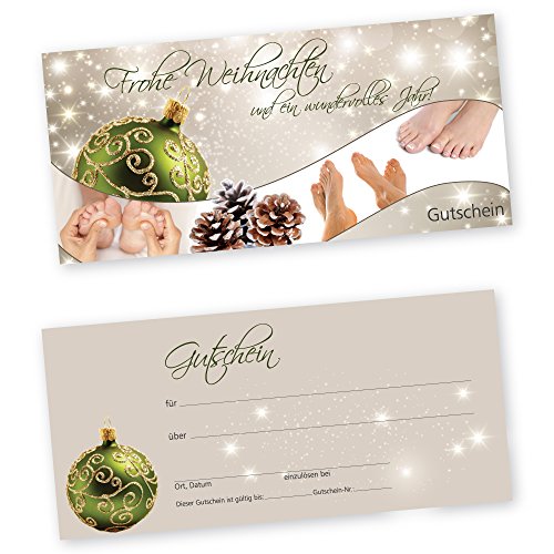 50 Weihnachtsgutscheine Gutscheinkarten XMAS STARS GREEN FUßPFLEGE mit weißtransparenten Umschlägen für Fußpflegestudio Gutscheine Geschenkgutscheine von cosmeticPlus