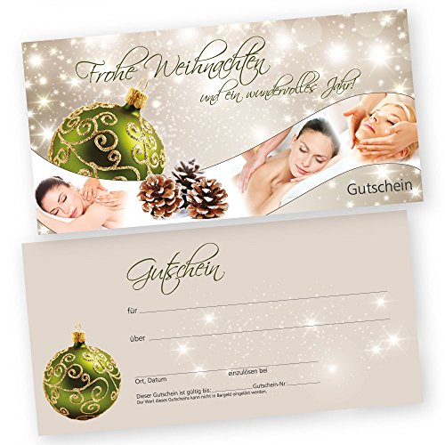 cosmeticPlus 50 Weihnachtsgutscheine Gutscheinkarten XMAS STARS GREEN MASSAGE mit weißtransparenten Umschlägen für Gutscheine Geschenkgutscheine von cosmeticPlus