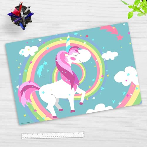 Schreibtischunterlage Kinder – “Einhorn mit Regenbogen“ – aus erstklassigem, strapazierfähigem Vinyl (Kunststoff) – 60 x 40 cm – Rutschfeste Schreibunterlage für besten Schutz – Made in Germany von coveryourdesk www.cover-your-desk.de