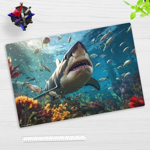 Schreibtischunterlage Kinder und Erwachsene – “Hai im Meer“ – aus erstklassigem Vinyl (Kunststoff) – 60 x 40 cm – Rutschfeste Schreibunterlage mit bestem Schutz – Made in Germany von coveryourdesk www.cover-your-desk.de