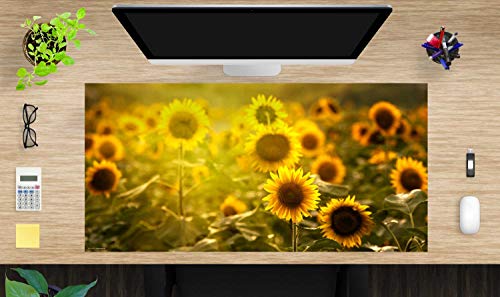 Schreibtischunterlage XXL mit integriertem Mousepad – “Sonnenblumenfeld“ – aus strapazierfähigem Vinyl (Kunststoff) – 100 x 50 – Rutschfeste Schreibunterlage für besten Schutz – Made in Germany von coveryourdesk www.cover-your-desk.de