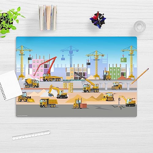 Schreibtischunterlage abwischbar für Kinder – Baustelle mit vielen Fahrzeugen, Bagger und Kran – 60 x 40 cm – aus hochwertigem Vinyl - Made in Germany von coveryourdesk www.cover-your-desk.de