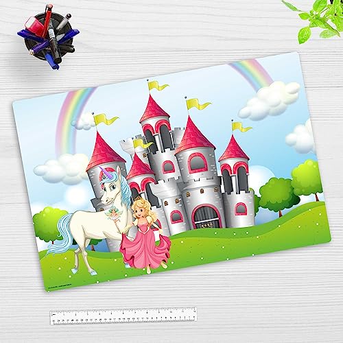 Schreibtischunterlage abwischbar für Kinder – Märchenschloss mit Einhorn und Prinzessin – 60 x 40 cm – aus hochwertigem Vinyl - Made in Germany von coveryourdesk www.cover-your-desk.de