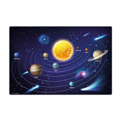 Schreibtischunterlage abwischbar für Kinder – Unser Sonnensystem in blau auf französisch – 60 x 40 cm – aus hochwertigem Vinyl von coveryourdesk www.cover-your-desk.de