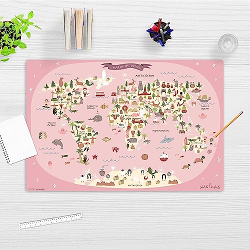 Schreibtischunterlage abwischbar für Kinder – Weltkarte in rosa mit Tieren – 60 x 40 cm – aus hochwertigem Vinyl - Made in Germany von coveryourdesk www.cover-your-desk.de