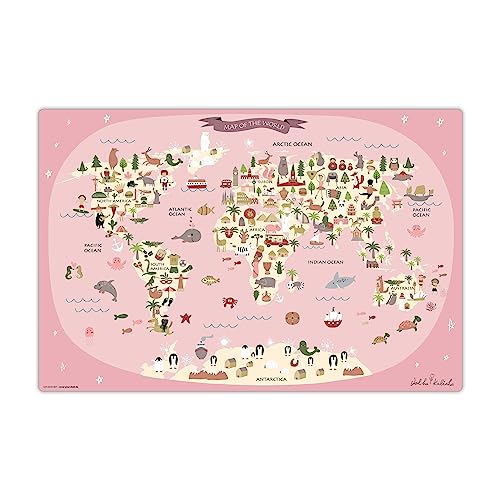 Schreibtischunterlage abwischbar für Kinder – Weltkarte in rosa mit Tieren – 60 x 40 cm – aus hochwertigem Vinyl - Made in Germany von coveryourdesk www.cover-your-desk.de