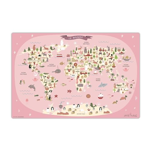 Schreibtischunterlage abwischbar für Kinder – Weltkarte in rosa mit Tieren auf französisch – 60 x 40 cm – aus hochwertigem Vinyl von coveryourdesk www.cover-your-desk.de