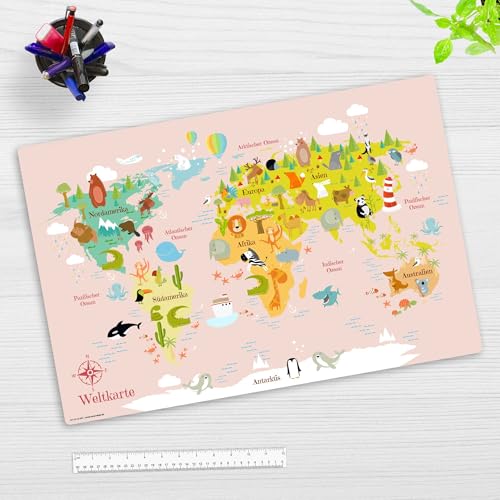 Schreibtischunterlage abwischbar für Kinder – Weltkarte in rosa mit Tieren in deutsch – 60 x 40 cm – aus hochwertigem Vinyl - Made in Germany von coveryourdesk www.cover-your-desk.de