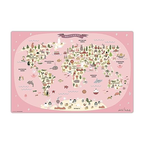 Schreibtischunterlage abwischbar für Kinder – Weltkarte in rosa mit Tieren in deutsch – 60 x 40 cm – aus hochwertigem Vinyl von coveryourdesk www.cover-your-desk.de