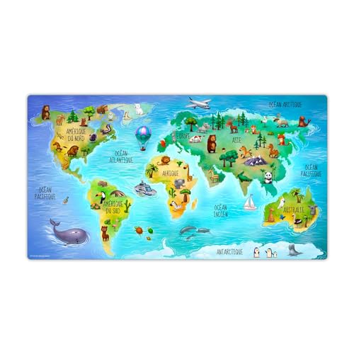 Schreibtischunterlage abwischbar für Kinder – Weltkarte mit Tieren in blau auf französisch – 74 x 40 cm – aus hochwertigem Vinyl von coveryourdesk www.cover-your-desk.de