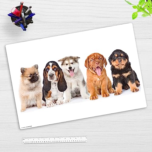 Schreibtischunterlage abwischbar für Kinder und Erwachsene – 5 süße Hundewelpen – 60 x 40 cm – aus hochwertigem Vinyl - Made in Germany von coveryourdesk www.cover-your-desk.de