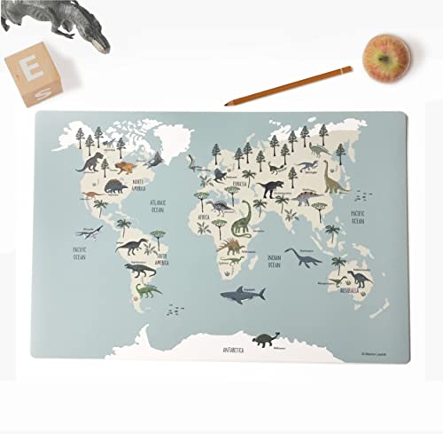 Schreibtischunterlage für Kinder – “Dinosaurier Weltkarte“ – aus premium Vinyl (Kunststoff -BPA frei) – 60 x 40 cm – Made in Germany von coveryourdesk www.cover-your-desk.de