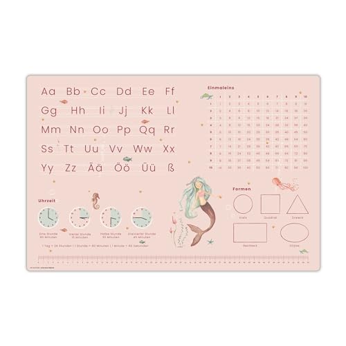 Schreibtischunterlage für Kinder – Lernunterlage zur Einschulung in Meerjungfrau Optik ABC, 1x1, Uhrzeiten – 60 x 40 cm – aus abwischbarem Vinyl - Made in Germany von coveryourdesk www.cover-your-desk.de