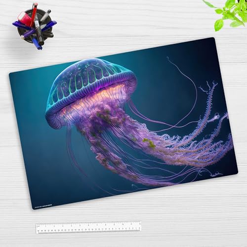 Schreibtischunterlage für Kinder und Erwachsene - Leuchtende Qualle - 60 x 40 cm - aus hochwertigem Vinyl - Made in Germany von coveryourdesk www.cover-your-desk.de
