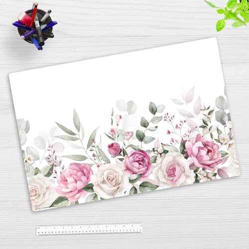 Schreibtischunterlage für Kinder und Erwachsene - Rosa Rosen und Salbei Aquarell - 60 x 40 cm - aus hochwertigem Vinyl - Made in Germany von coveryourdesk www.cover-your-desk.de