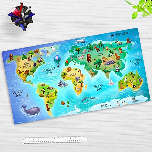 Schreibtischunterlage für Kinder und Erwachsene – “Weltkarte in deutsch mit vielen Tieren“ – aus erstklassigem, strapazierfähigem Vinyl (Kunststoff -BPA frei) – 74 x 40 cm – Made in Germany von coveryourdesk www.cover-your-desk.de