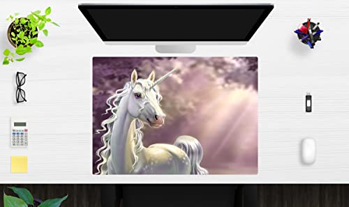 Schreibischunterlage für Kinder - weißes Einhorn vor lila Hintergrund - in verschiedenen Größen - aus Vinyl - Made in Germany (70 x 50 cm) von coveryourdesk www.cover-your-desk.de