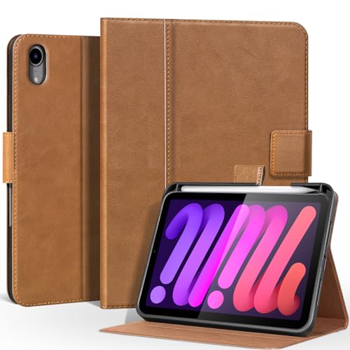 CPNVWA Schutzhülle aus echtem Leder für iPad Mini 7. A17 Pro 2024, iPad Mini 6. Generation 20,6 cm (8,3 Zoll) 2021, Premium-Leder-Folie mit Stifthalter, Magnetverschluss, Smart-Cover, automatische von cpnvwa