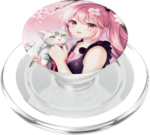 Rosafarbene Frühlings-Kirschblüte, Sakura Flowers, Katze, Anime-Mädchen PopSockets PopGrip für MagSafe von cranberrysky retro