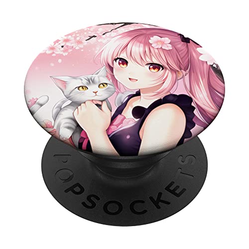 Rosafarbene Frühlings-Kirschblüte, Sakura Flowers, Katze, Anime-Mädchen PopSockets Klebender PopGrip von cranberrysky retro