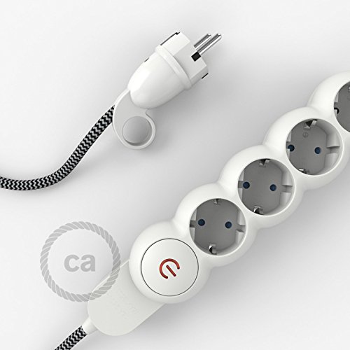 Mehrfachsteckdose mit farbigem Textilkabel in Seidenoptik Schwarz Zigzag RZ04 und Schukostecker mit Komfortring - 3 Meter, Weiß von creative cables