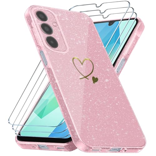 crisant Handyhülle Kompatibel mit Samsung Galaxy A16 4G / 5G mit 3 Stücke Schutzfolie, Weich TPU Anti-Fingerabdruck Hülle, Glitzer und Absturzsicherung Schutzhülle (Rosa) von crisant