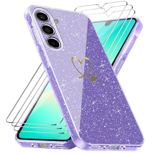 crisant Handyhülle Kompatibel mit Samsung Galaxy A26 4G / 5G mit 3 Stücke Schutzfolie, Weich TPU Anti-Fingerabdruck Hülle, Glitzer und Absturzsicherung Schutzhülle (Lila) von crisant